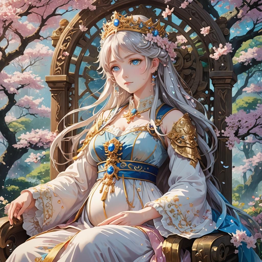 Anime Queen on Throne in Serene Garden
