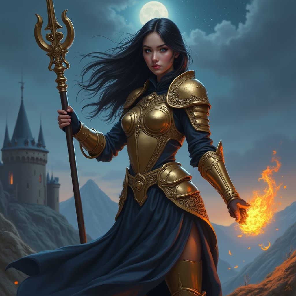 Female Paladin with Flaming Polearm in Fantasy Landscape