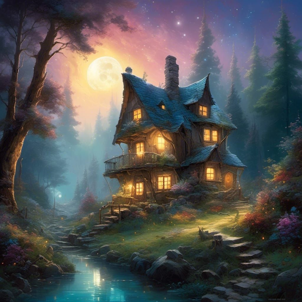 Cute Stump Houses in Forest at Night