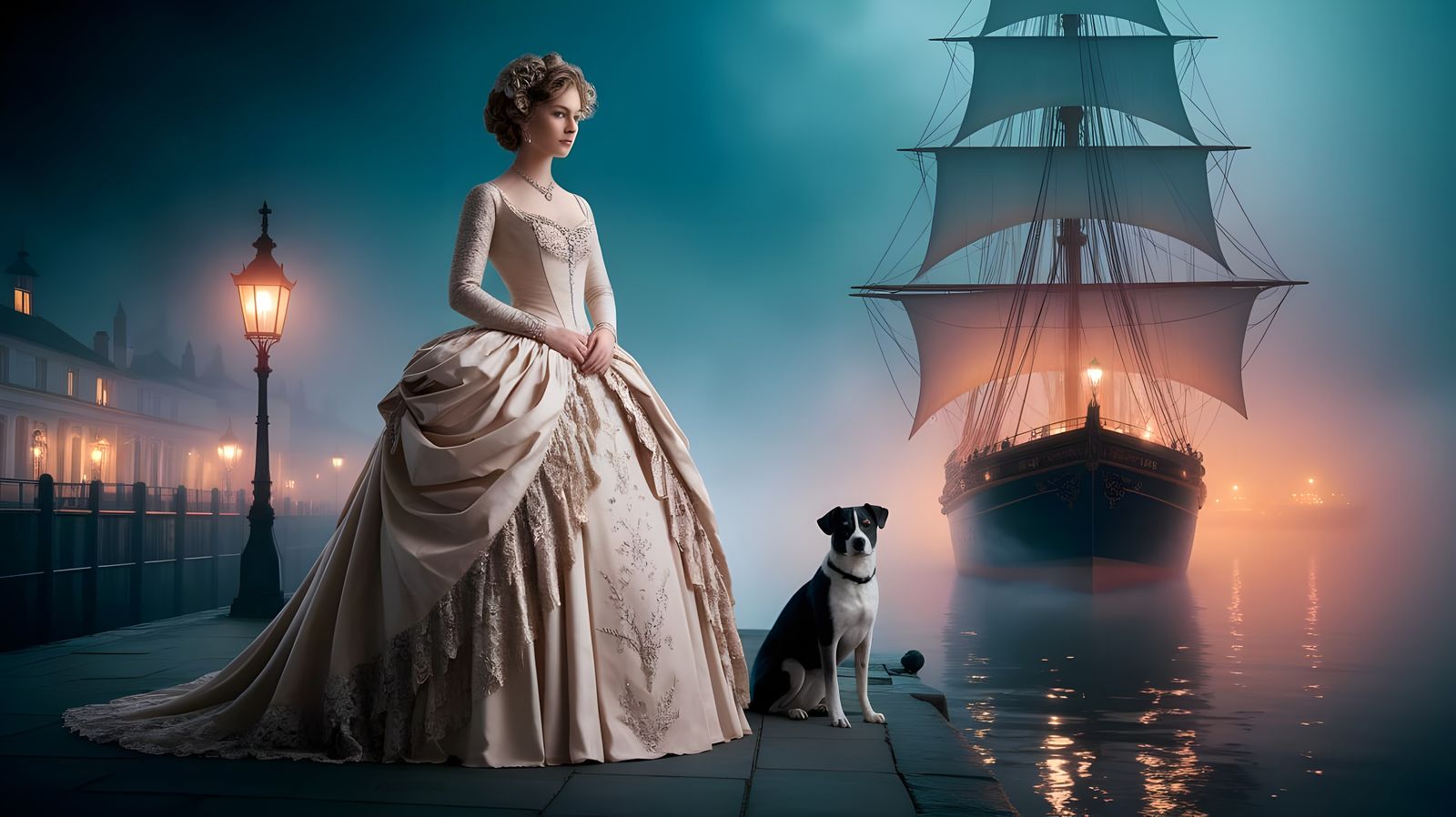 Woman and Dog Watch Clipper Ship Arrive