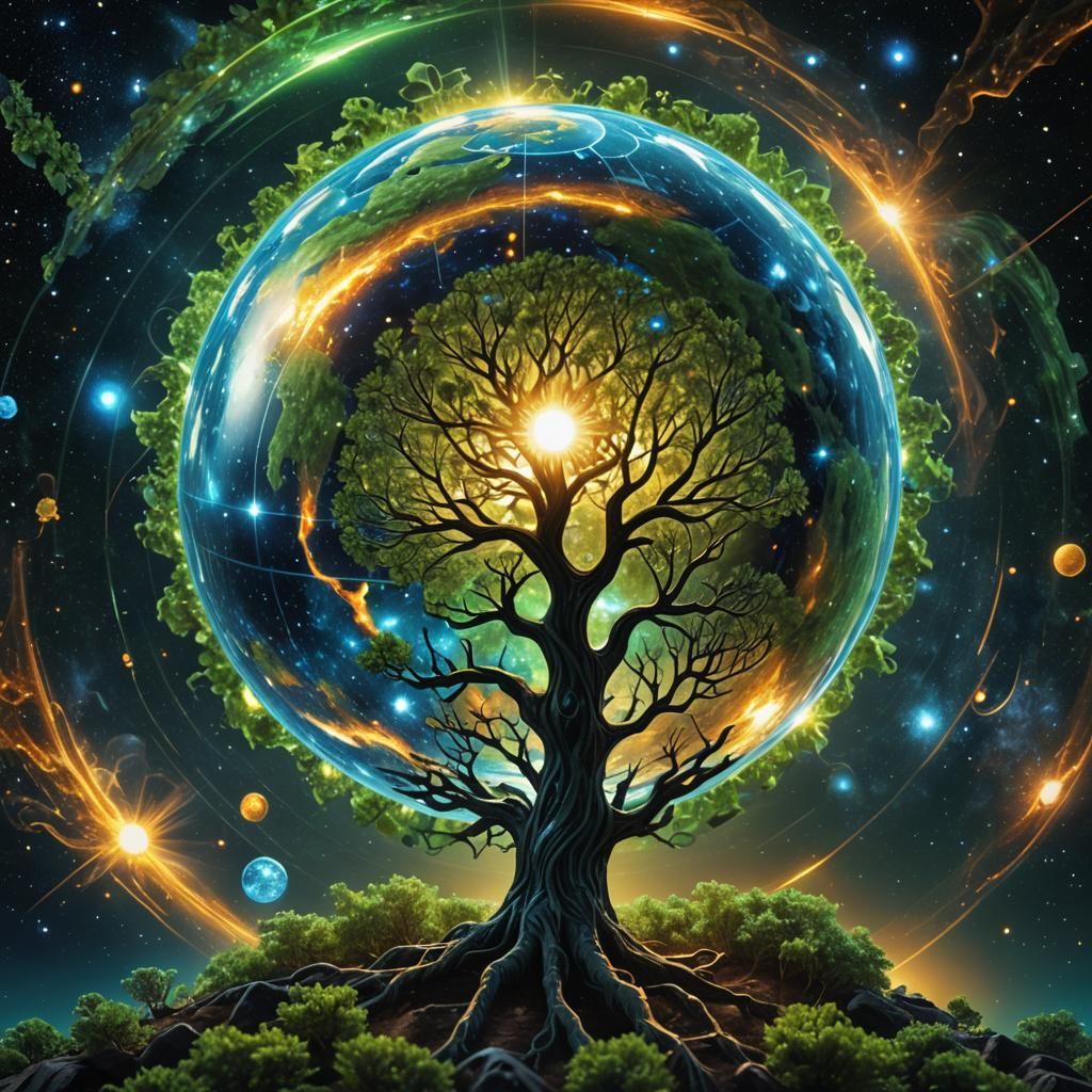Blue Globe with Tree: Cosmic Holographic Illustration