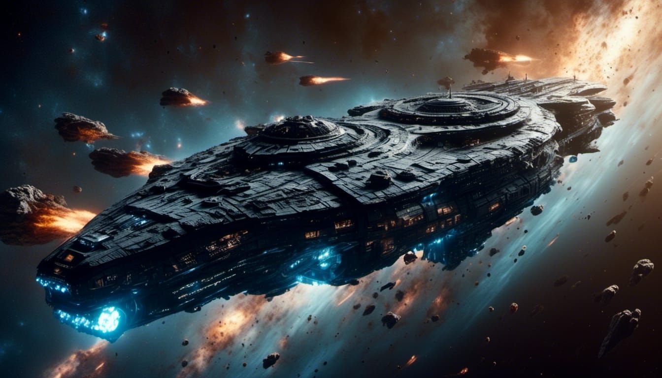 Battlestar Escapes Exploding Planet in Sci-Fi Art