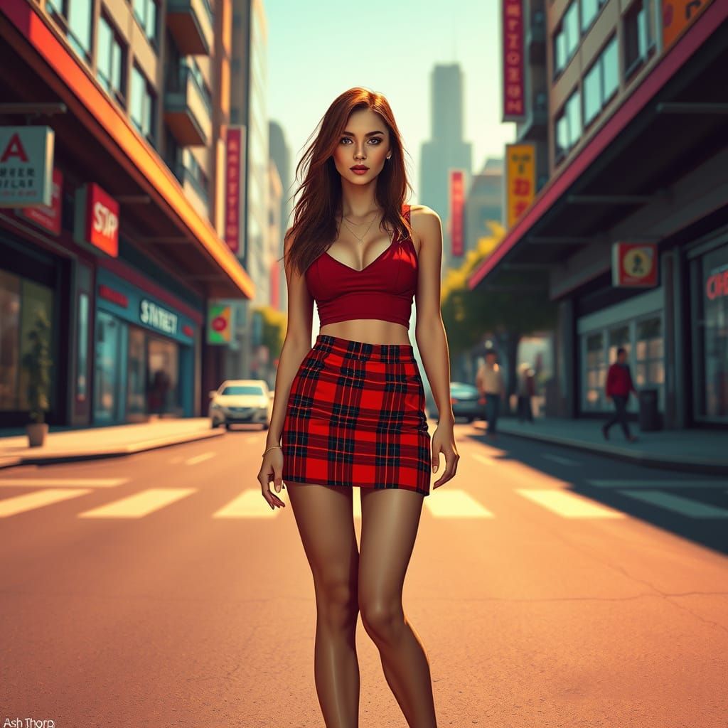 Futuristic Woman in Red Miniskirt, Lo-Fi Aesthetic