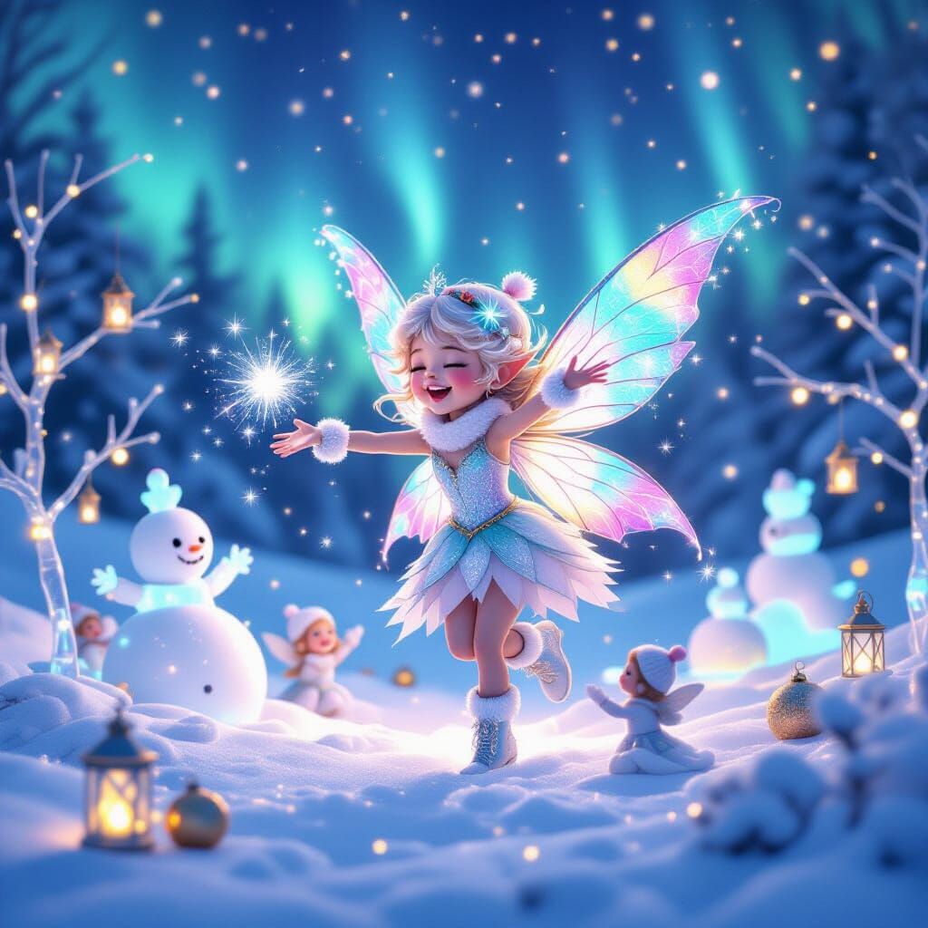Laughter Fairy Throws Glittering Snowballs Under Aurora Ligh...