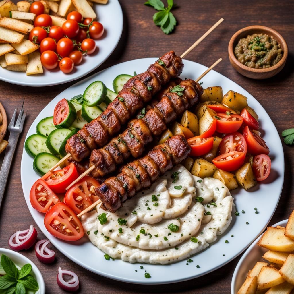 Delicious Greek Souvlaki Plate with Fresh Vegetables