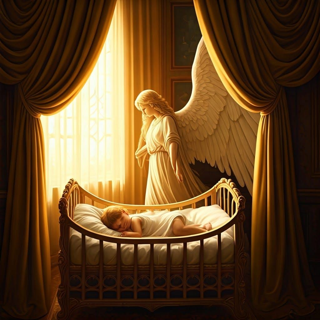 Angel Watching Over Sleeping Child in Golden Light