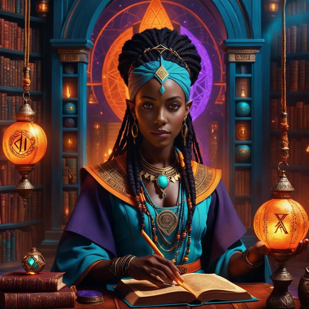 Half-Elf African Sorceress in a Magical Library