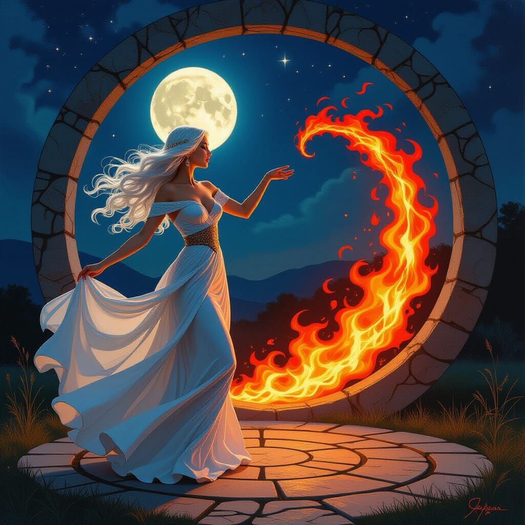 Ethereal Woman Dances in Stone Circle: Impasto Mosaic