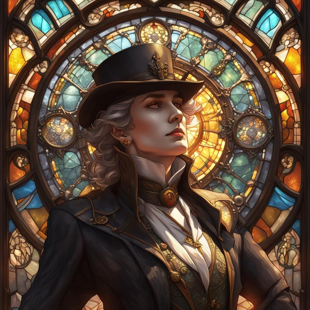 Steampunk Vampire Portrait Before Stained Glass Window