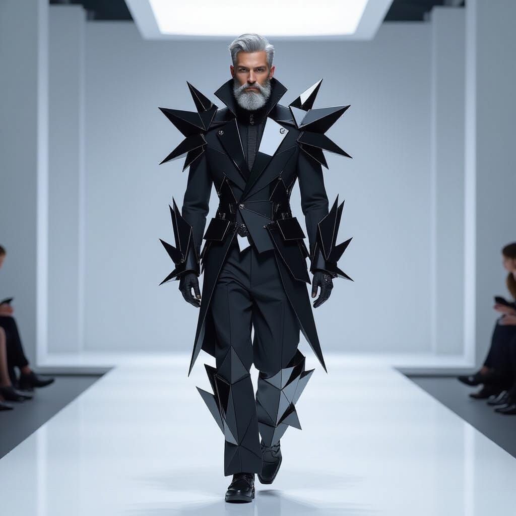 Model in Geometric Obsidian Suit on Stark Catwalk