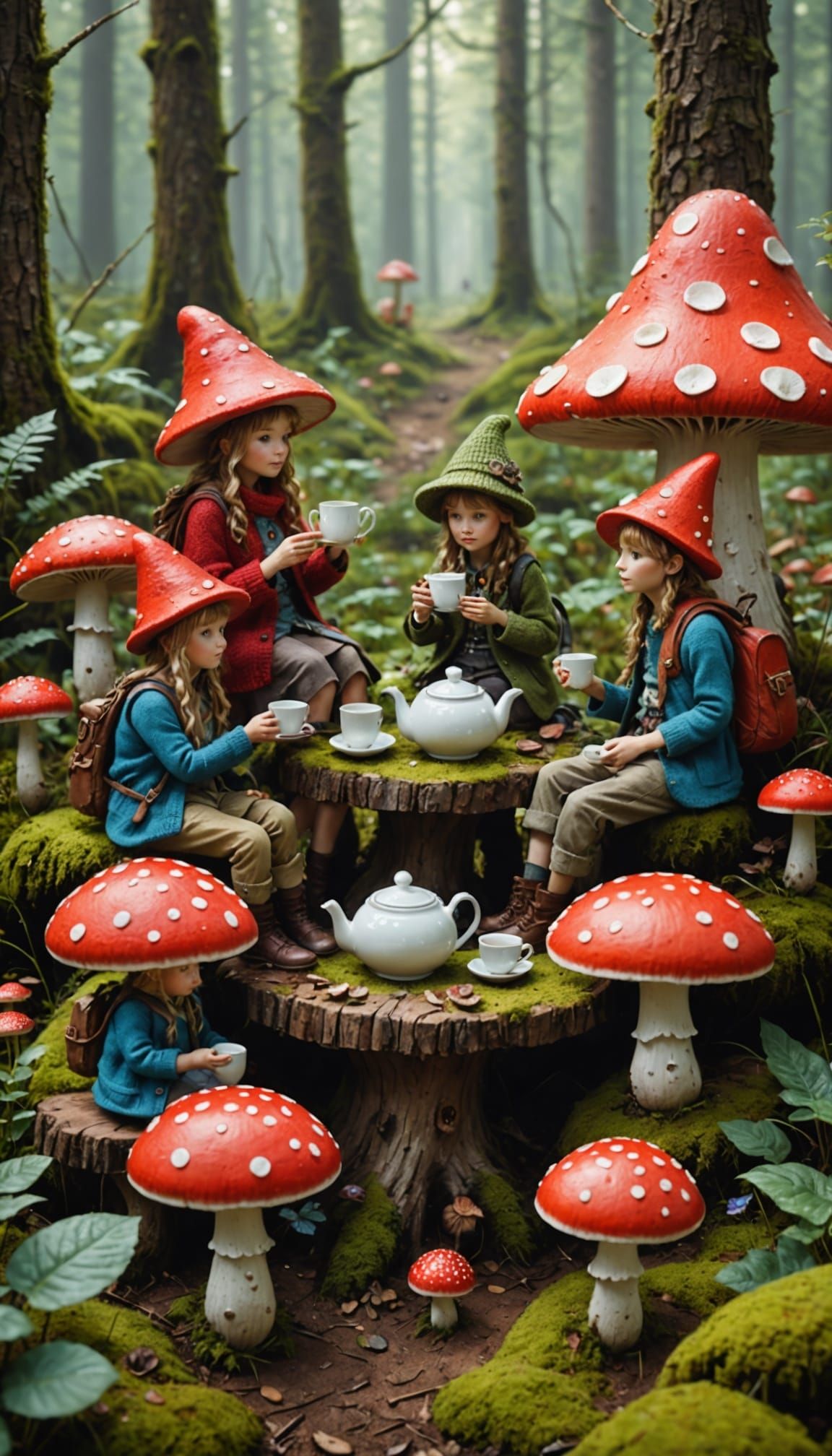 Whimsical Mushroom Folk Gather in Enchanted Forest