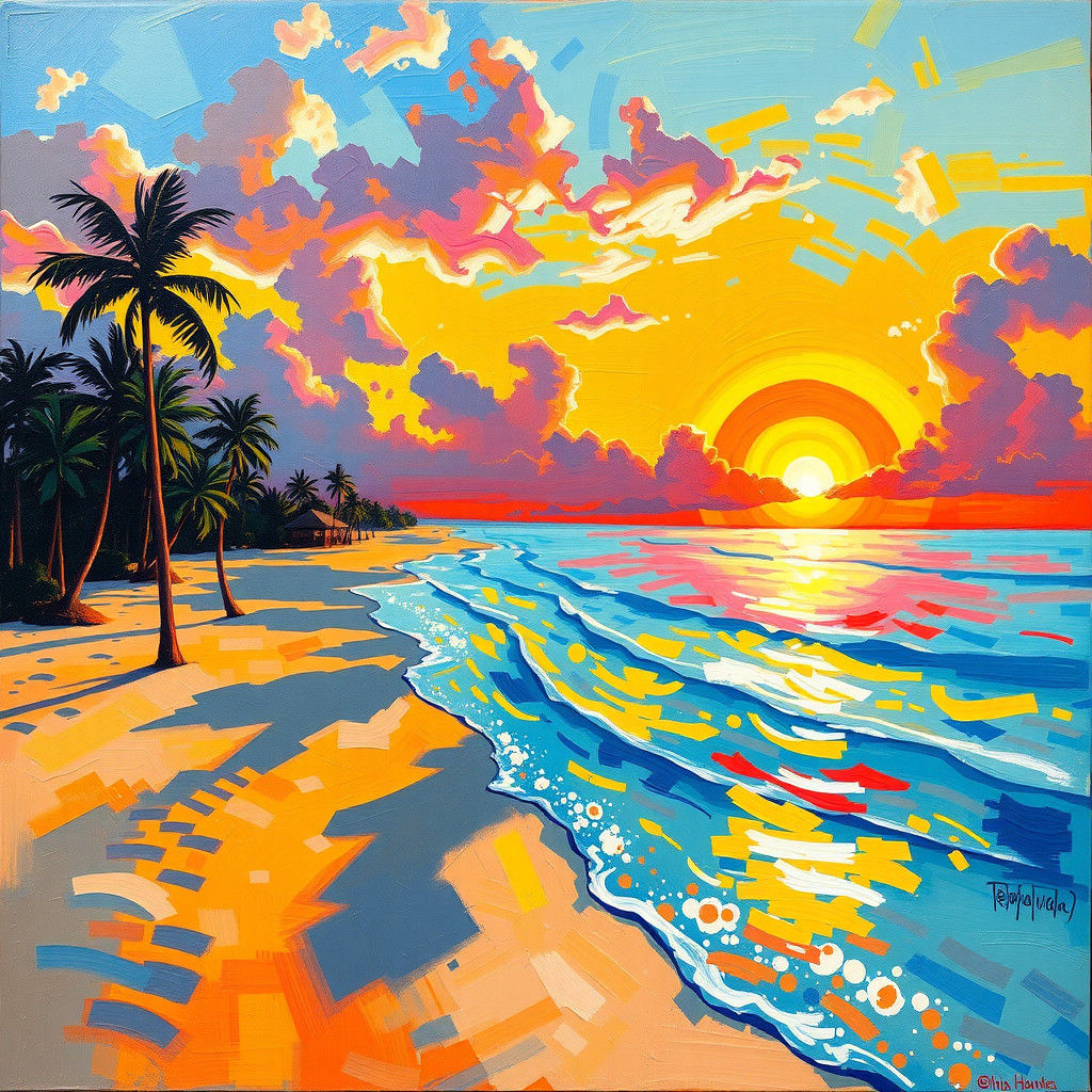Caribbean Sunset Beach in Impressionist Style