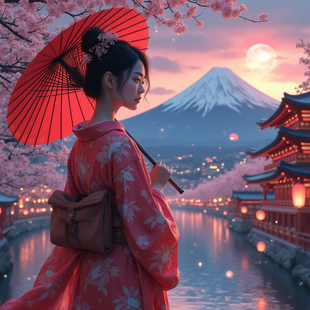 Woman in Kimono Under Glowing Cherry Blossoms With Tokyo Sky...
