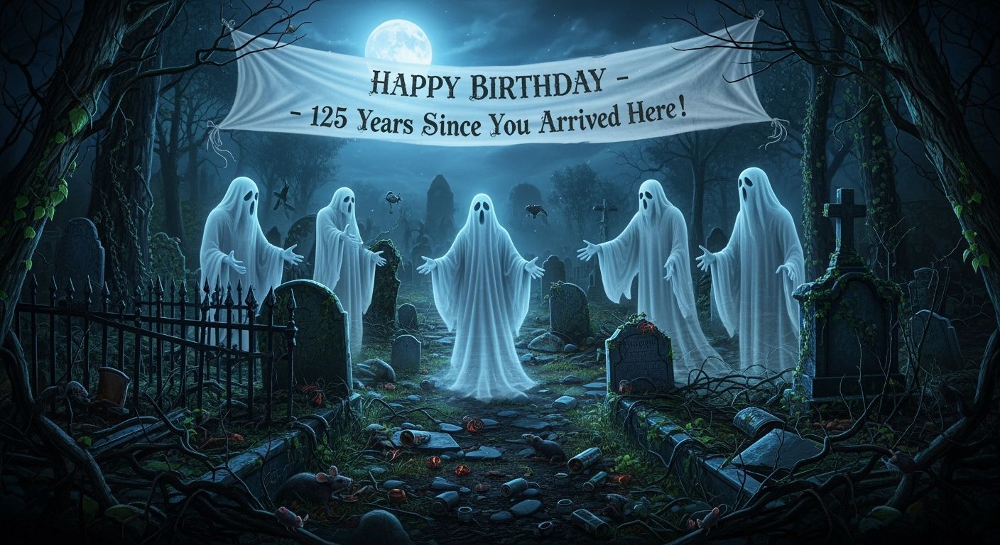 Spectral Birthday Gathering in Moonlit Cemetery