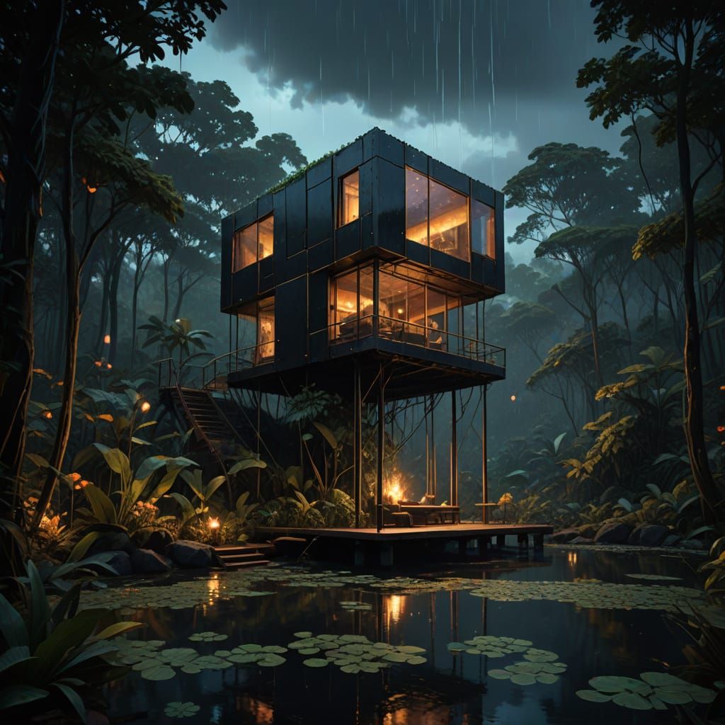 Sleek, Futuristic Cabin Overlooks Lotus-Filled Lake at Dusk