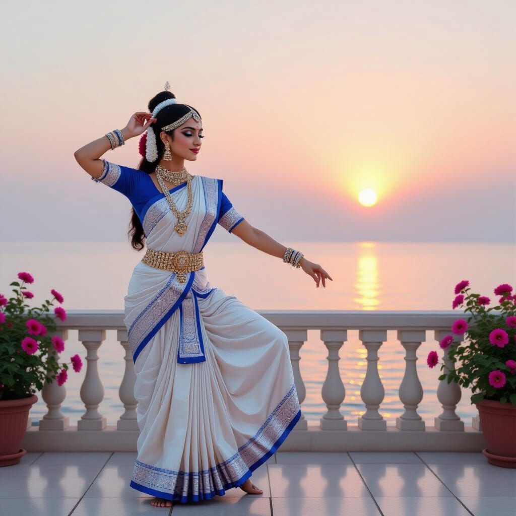 Odissi Dancer at Dawn in Art Nouveau Style