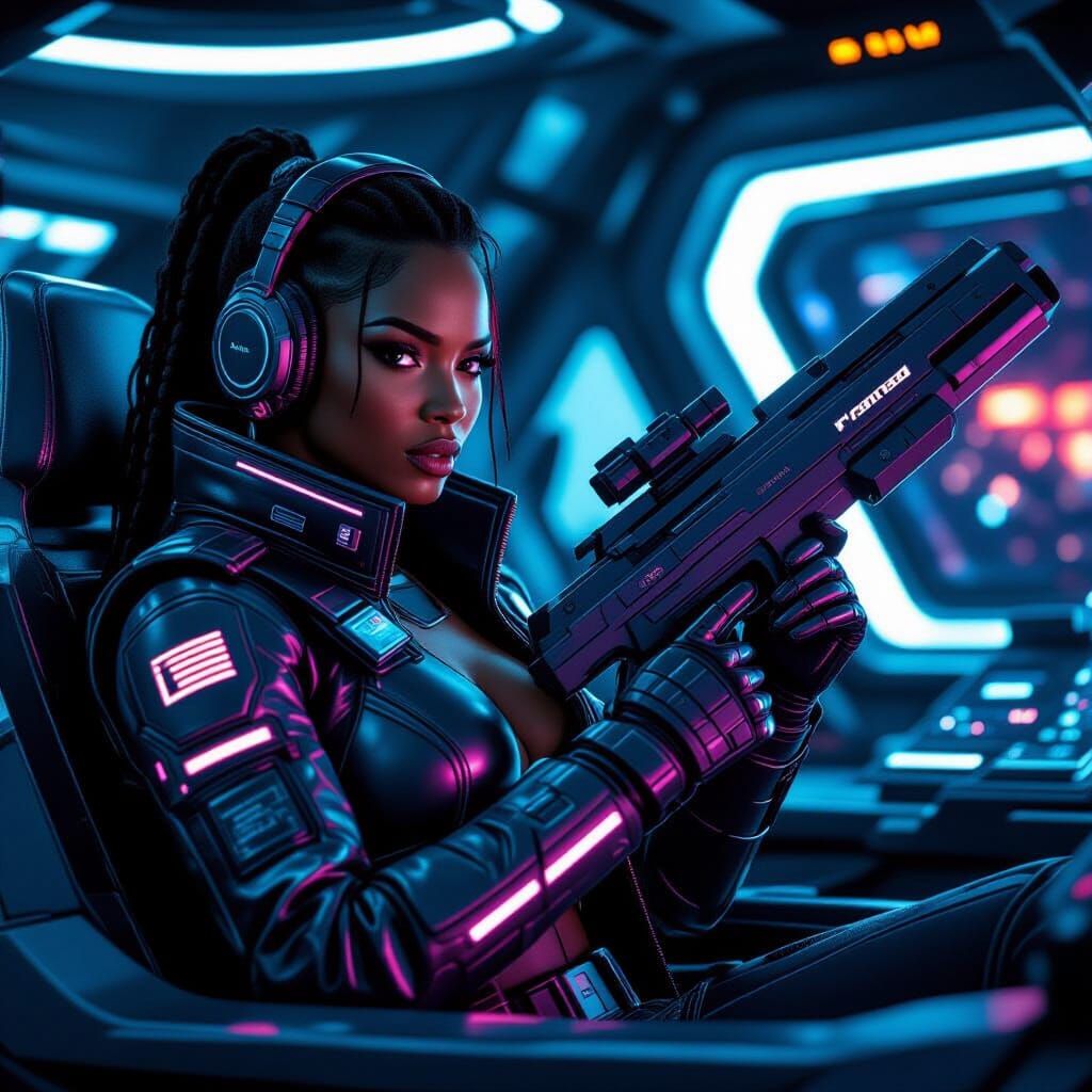 Futuristic Cyberpunk Warrior in Spaceship Cockpit