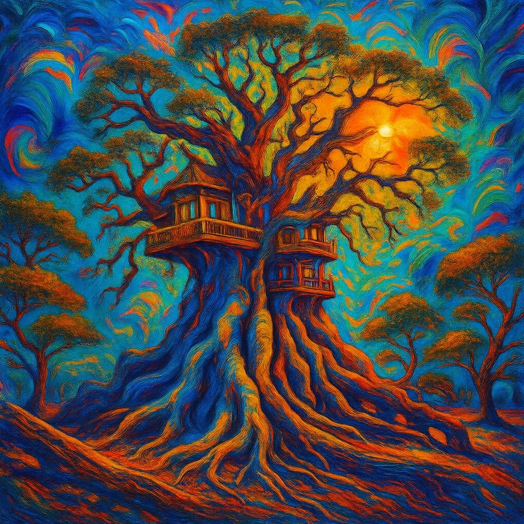 Abstract Treehouse in Ancient Oak, Kandinsky Style