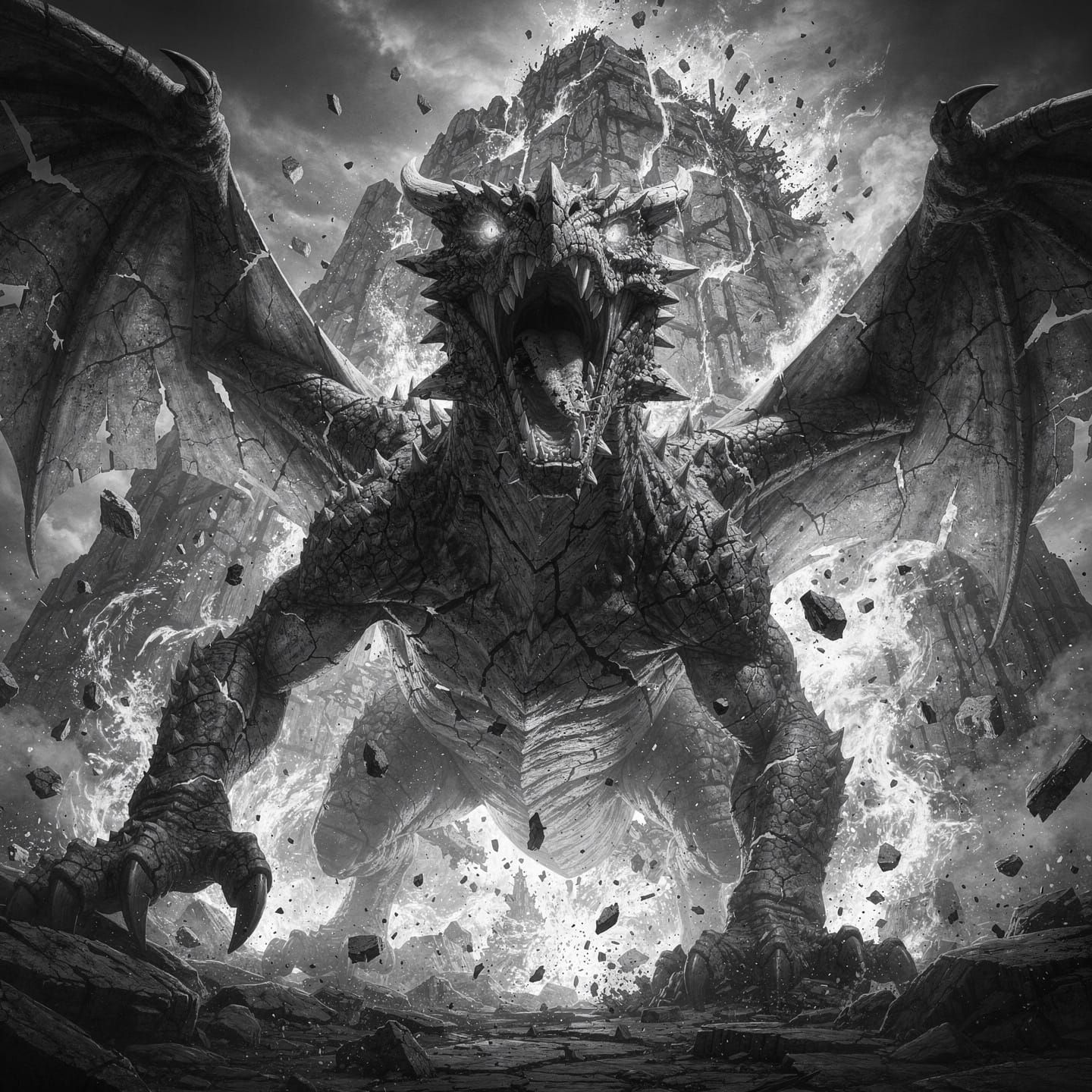 Furious Dragon Annihilating Fiery Mountain in Gothic Style