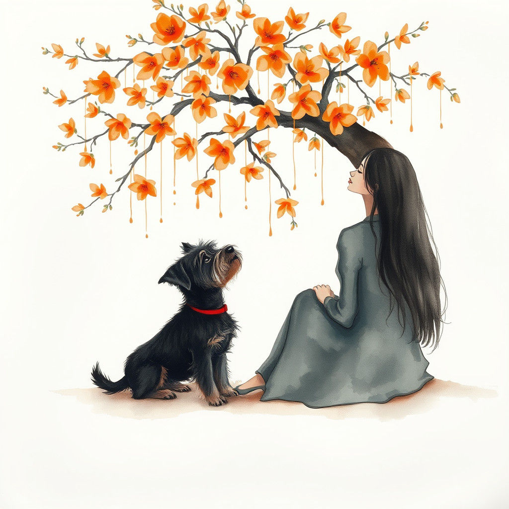Whimsical Tree with Dog in Watercolor Style