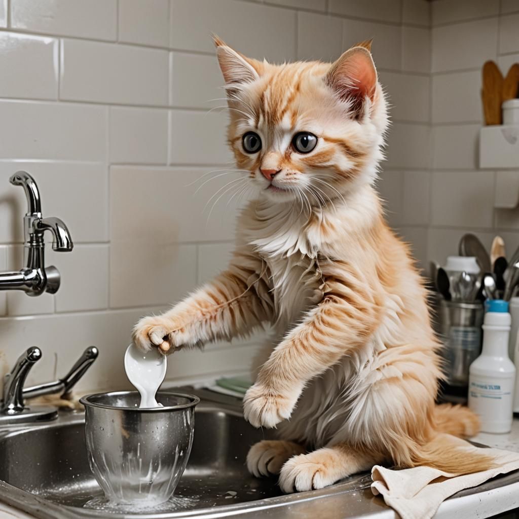 Blonde Kitten Washing Dishes: A Humorous Scene