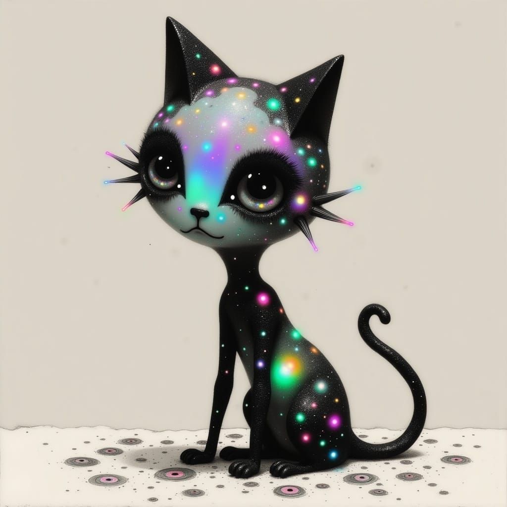 Glowing Feline Sculpture in Vibrant, Pearlescent Colors