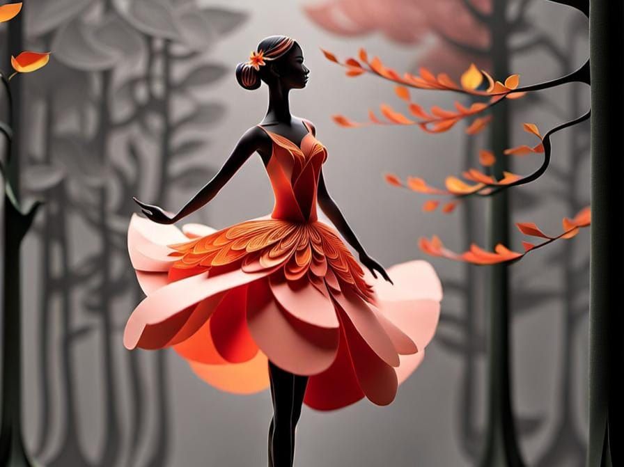 Intricate Kirigami Ballerina in Autumn Forest