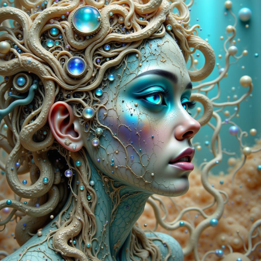 Ethereal Cyborg Woman with Bioluminescent Tentacles