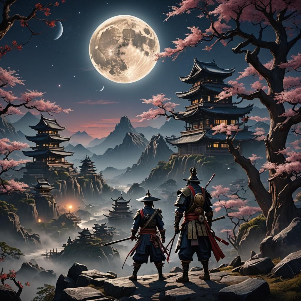 Samurai in Moonlight: Detailed Fantasy Concept Art