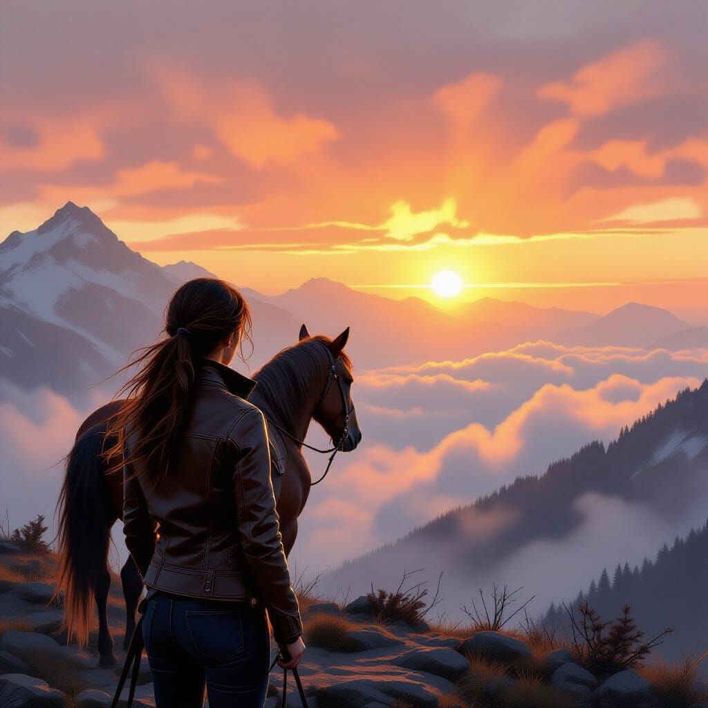 Woman and Horse at Sunrise on Misty Mountain