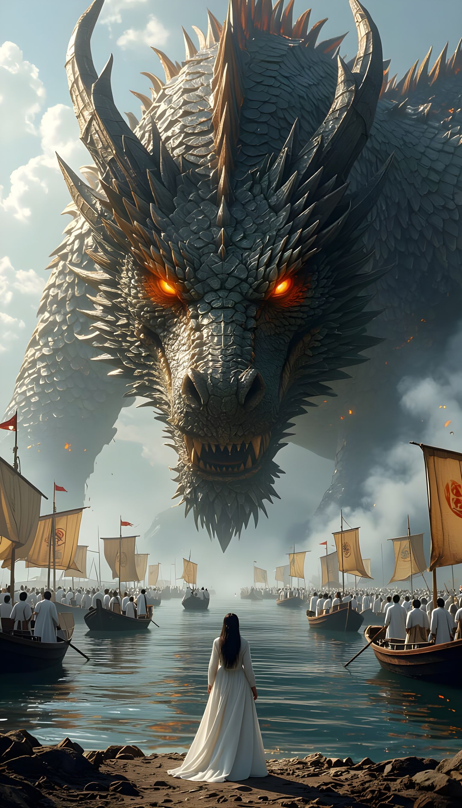 Massive Dragon Over River with Ancient Costumed Figures