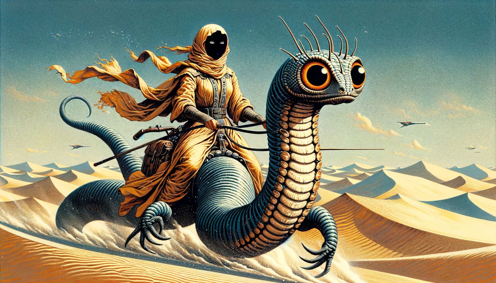 Noble Woman Rides Desert Worm: Digital Illustration