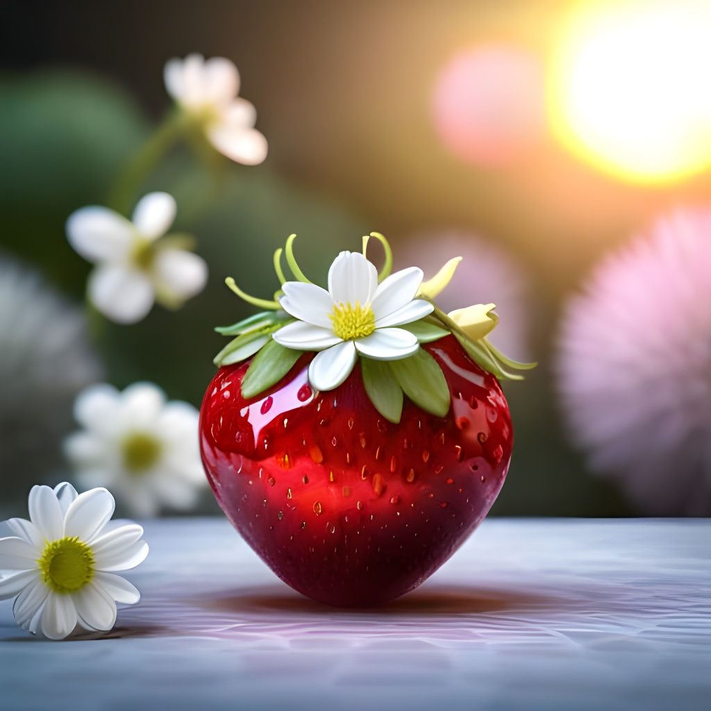 Red Glass Strawberry with Flowers, Hyperrealistic Digital Ar...