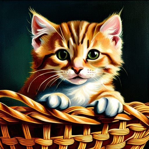 Cute Kitten in a Basket as Oil Painting