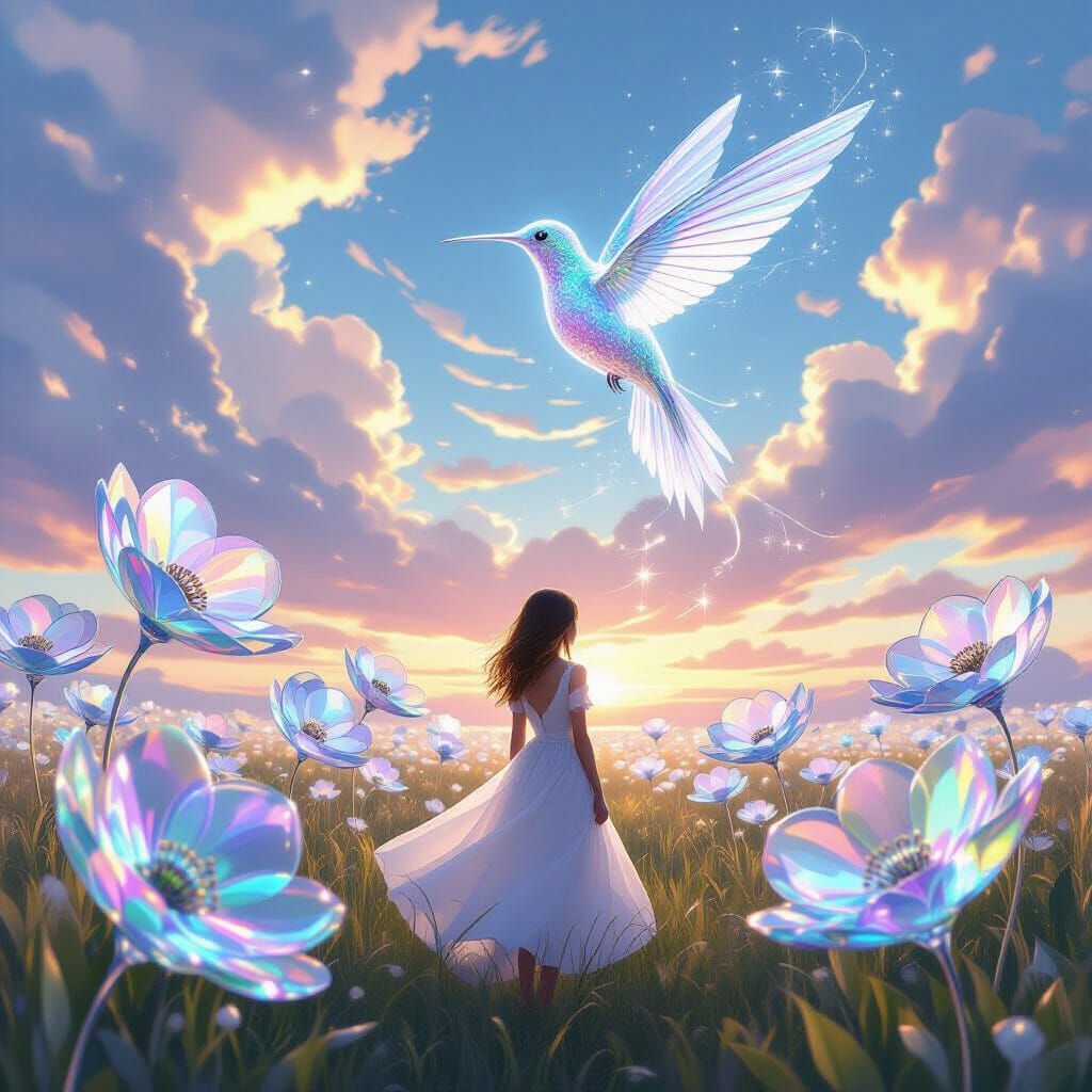 Girl in Glass Flower Field with Hummingbird Spirit