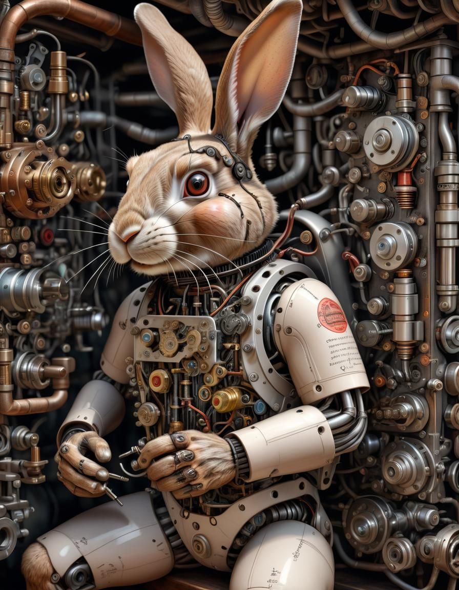 Hyperrealistic Mechanical Anthropomorphic Rabbit Drawing