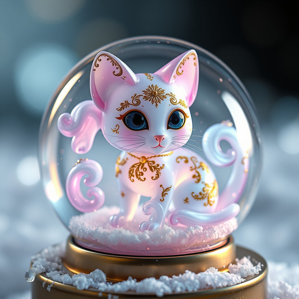 Whimsical Glass Feline in Snowglobe, Hyper-Realistic Detail