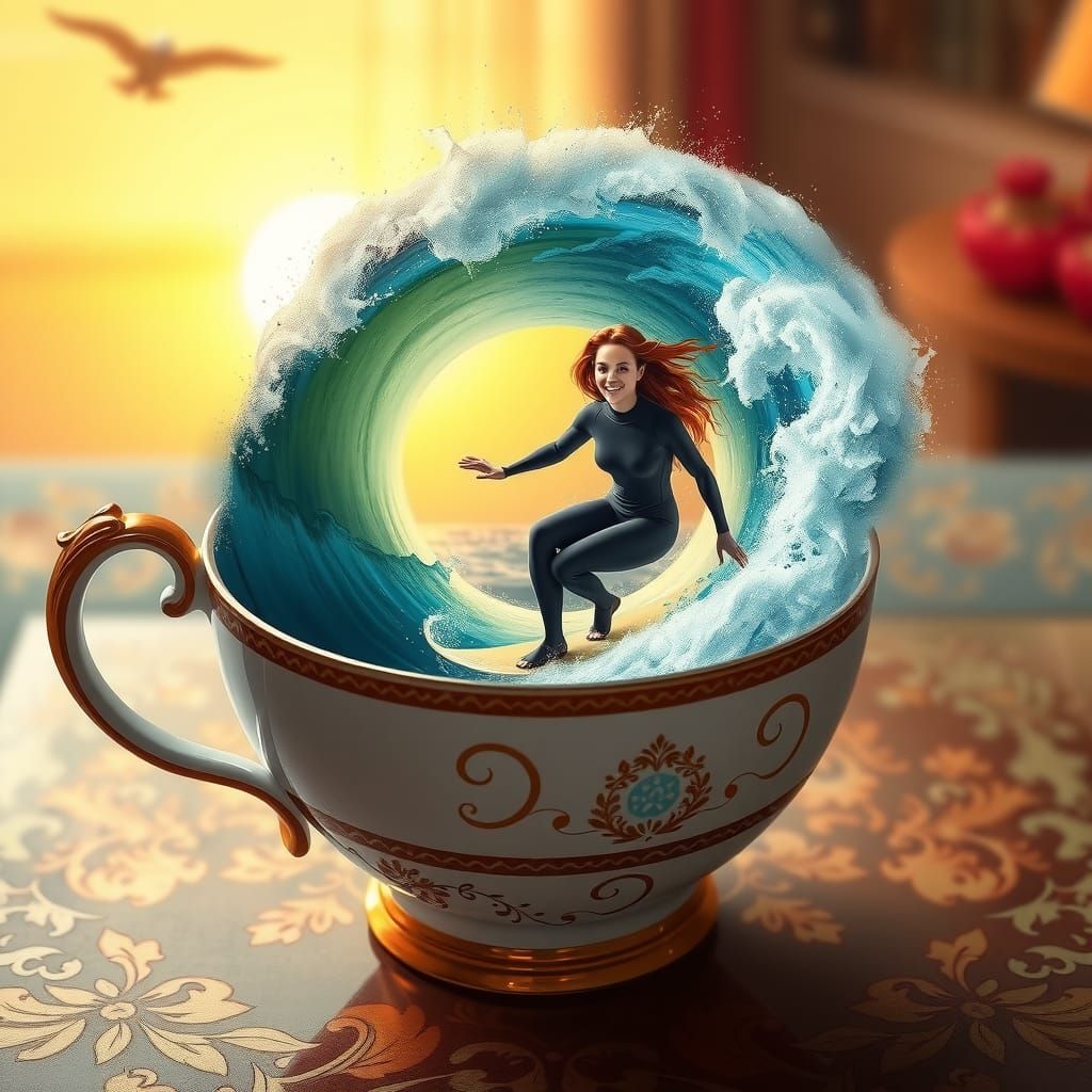 Surreal Teacup Scene: Surfer on Cresting Wave