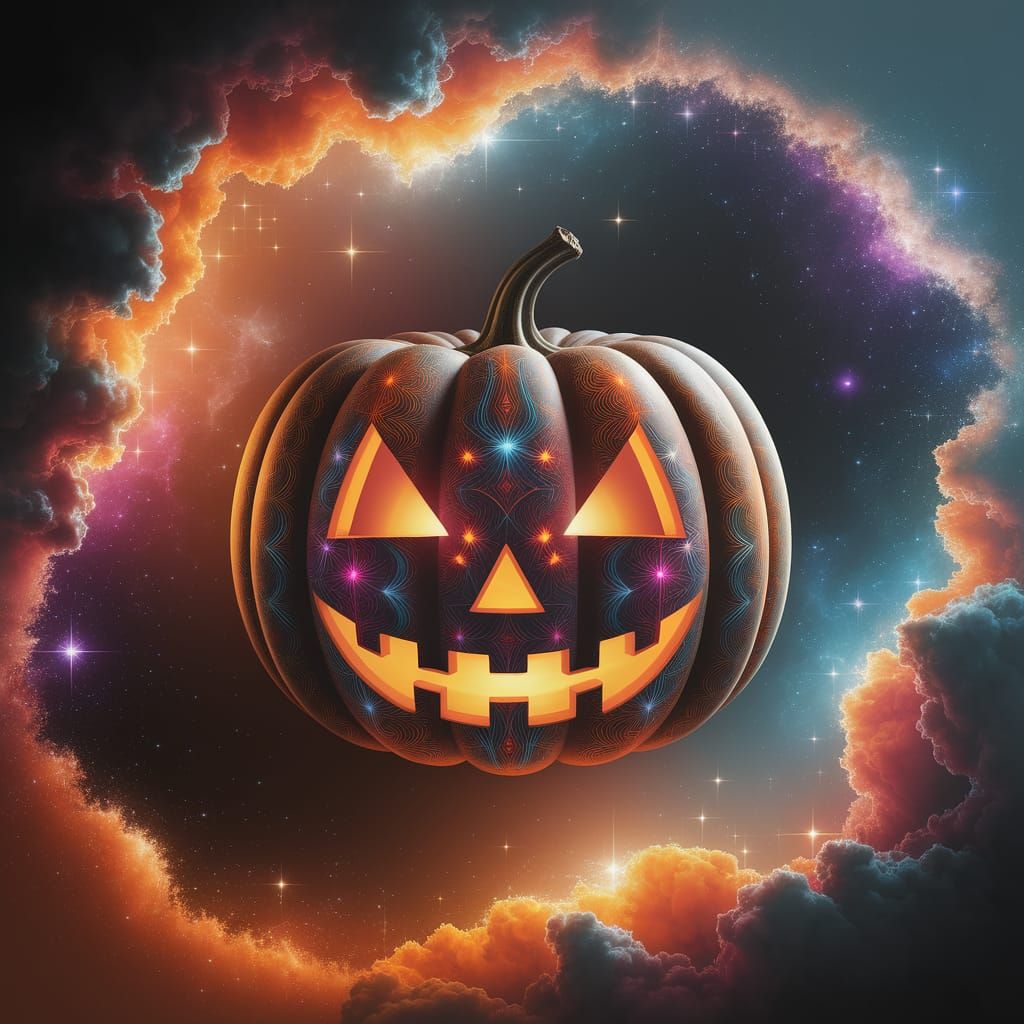 Vibrant Pumpkin Mandala in Cosmic Nebula