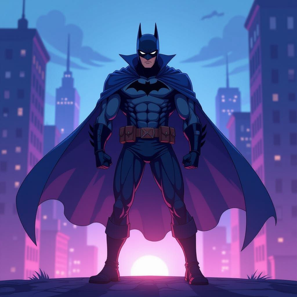 Masked Hero in Cel-Shaded Cityscape, Anime Style