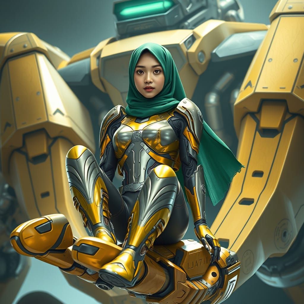 Asian Girl in Futuristic Armor on Mecha Hand