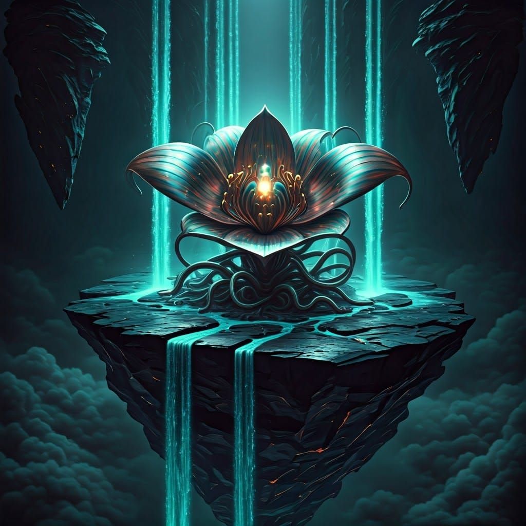 Surreal, Biomechanical Orchid Blooms on Obsidian Island in C...