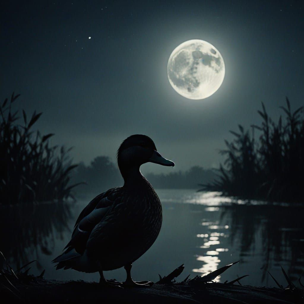 Duck Gazing at Moon in Film Noir Style