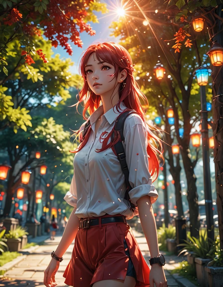 Anime Portrait of Woman in Red Reflective Light