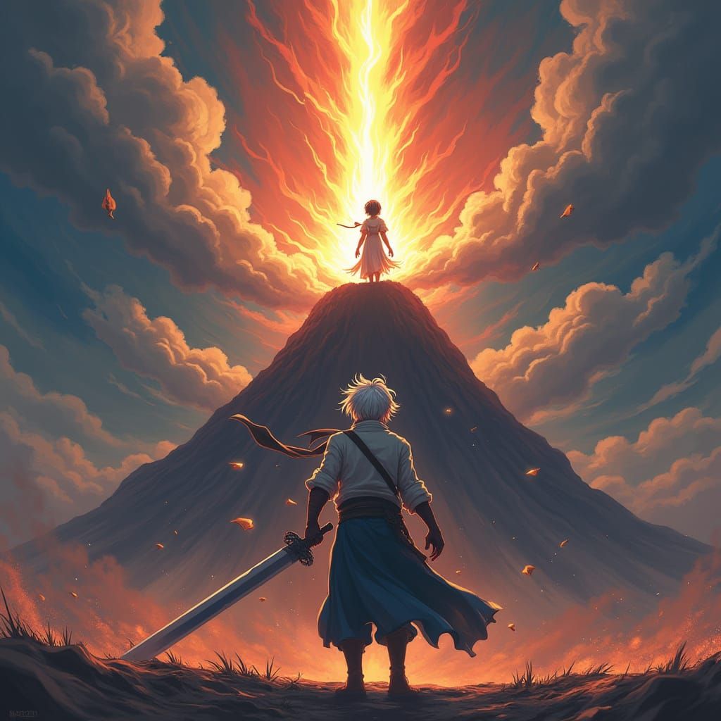 Anime Action Portrait: Swordsman and Flame Pillars