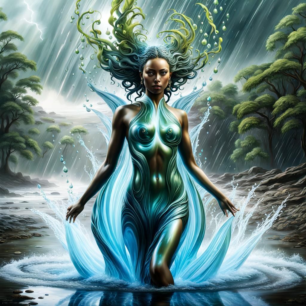 Powerful Water Elemental Dryad on Stormy Shore
