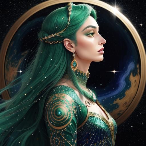 Cosmic Woman Portrait with Celestial Beings