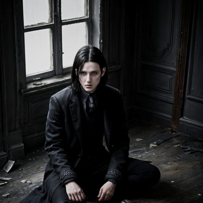 Sad Goth Man in Empty Room: Oil Painting