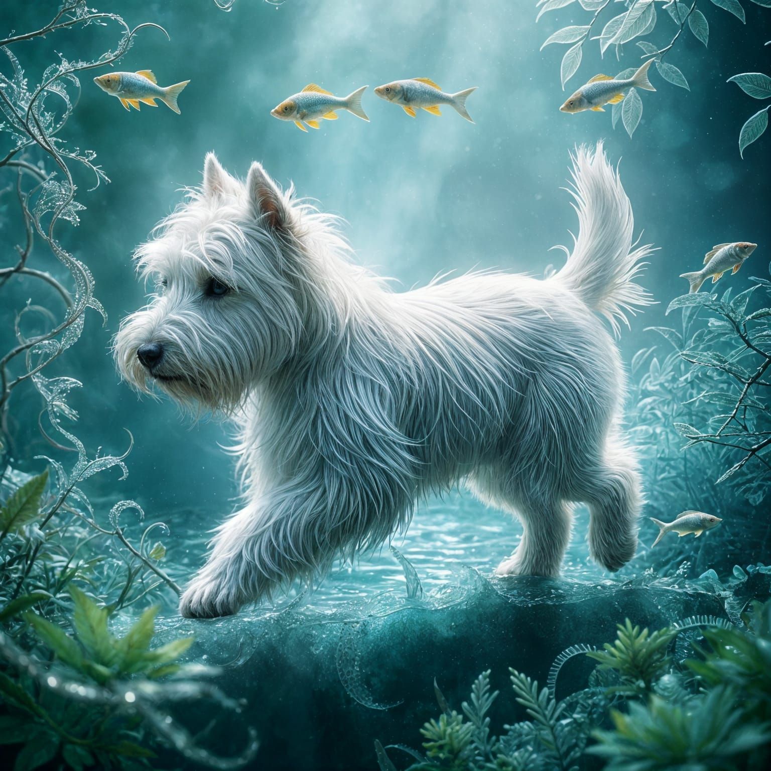 Majestic Water Terrier Strides Through Ethereal Aquatic Real...