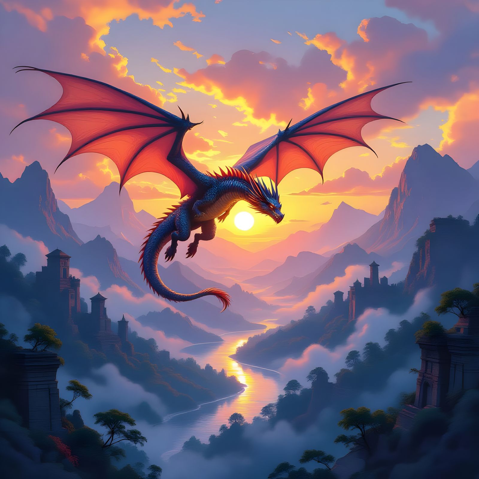Majestic Dragon Soaring Above Misty Mountains